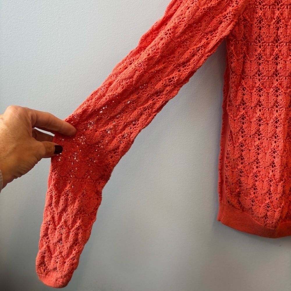 Sparrow Medium Coral Orange Cardigan Open knit crochet button front - Picture 7 of 12
